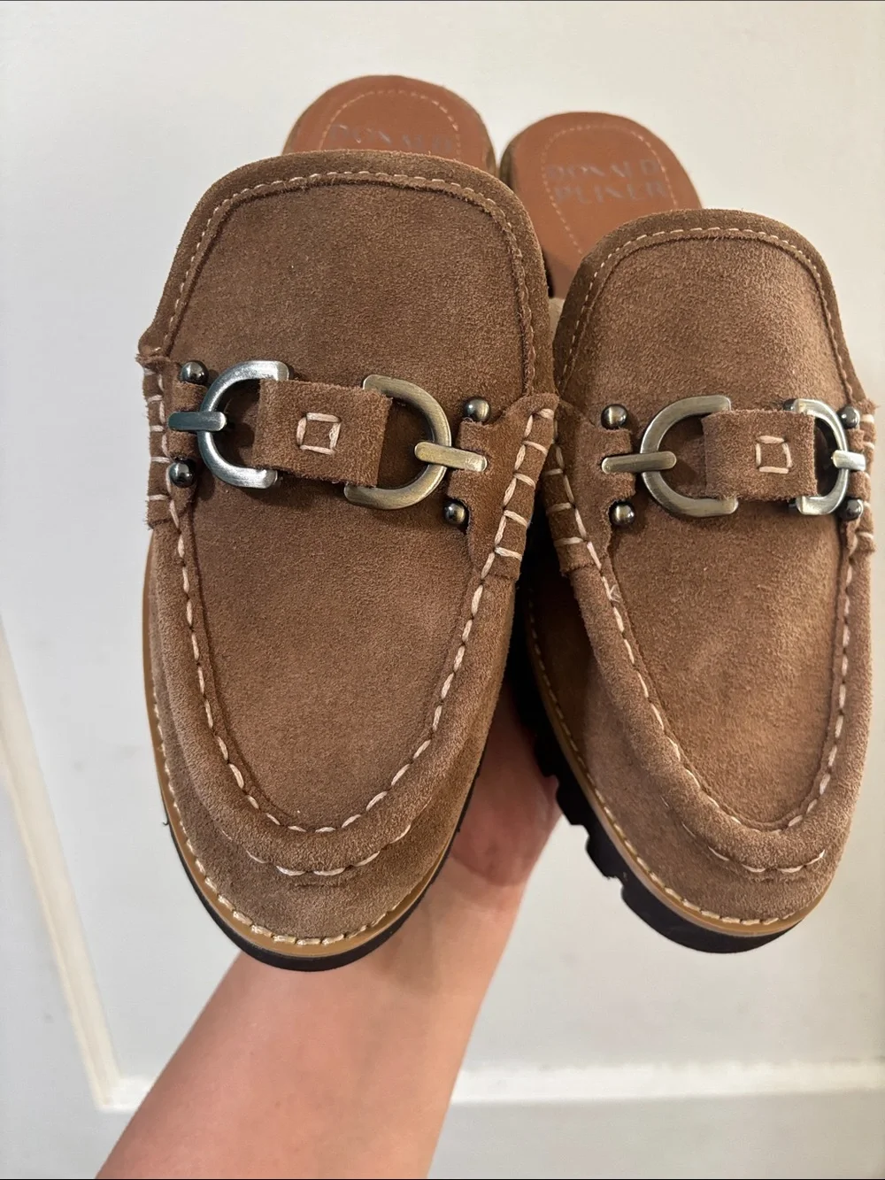 Donald J. Pliner Brown Suede Slip-On Loafers with Metal Bit